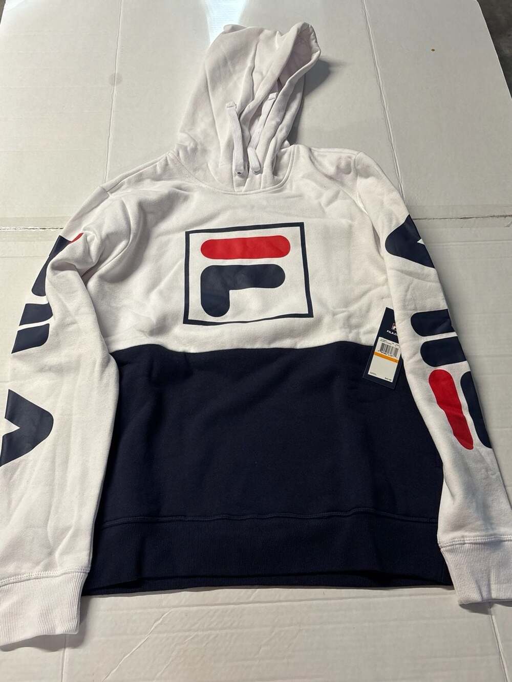 Fila Logo Hoodie Sweatshirt White & Navy Blue Mens Small New w Tags $60